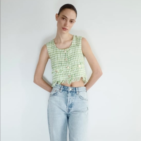 NWT Zara Green & White Tweed Vest Top - Picture 6 of 10